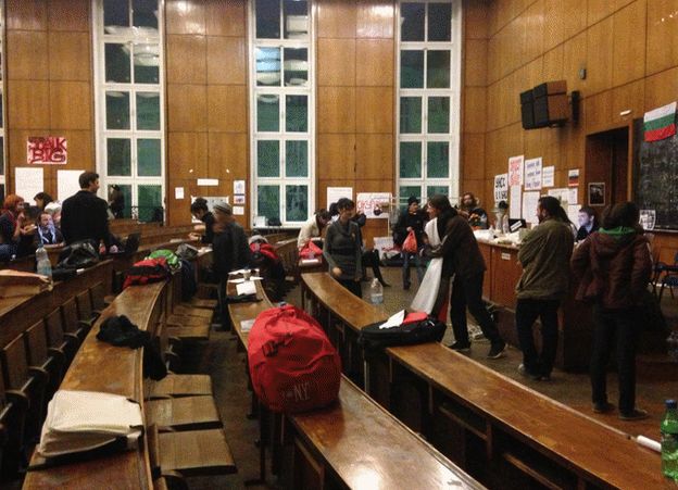 Students occupying a lecture theatre at Sofia University