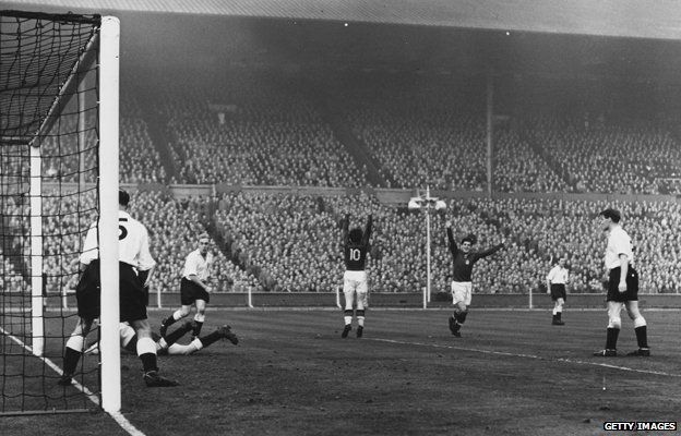 Ferenc Puskas scores Hungary's third goal during the 1953 England-Hungary match