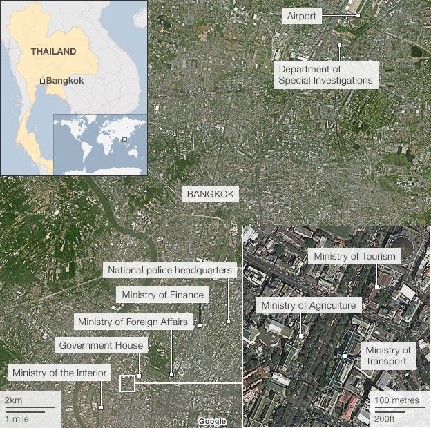 Map of affected ministries in Bangkok