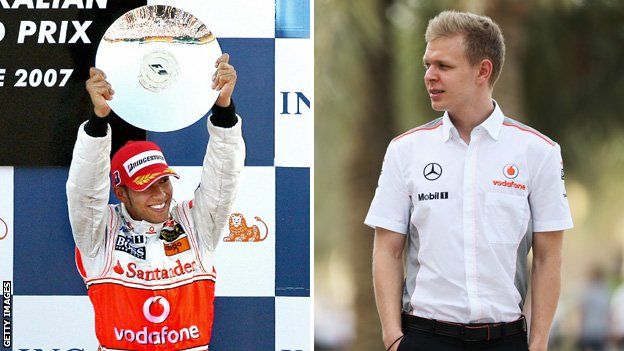 Lewis Hamilton celebrating during his debut season at McLaren and Kevin Magnussen in McLaren shirt