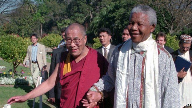 Tibetan leader the Dalai Lama (left) with Nelson Mandela on 23 March, 2009