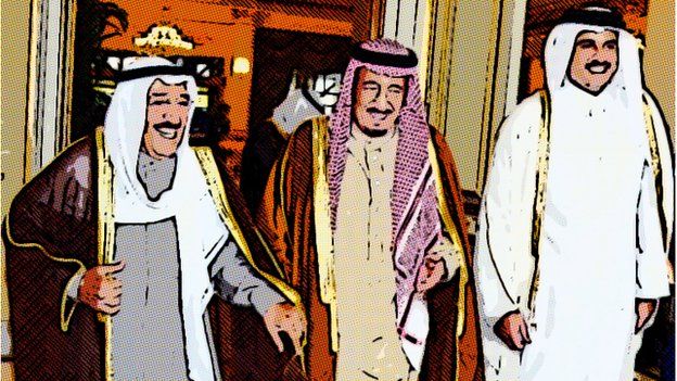 Kuwaiti Emir Sheikh Sabah al-Ahmad al-Jaber al-Sabah (L), Saudi Crown Prince Salman bin Abdul Aziz al-Saud (C) and Qatari Emir Shiekh Tamim bin Hamad al-Thani