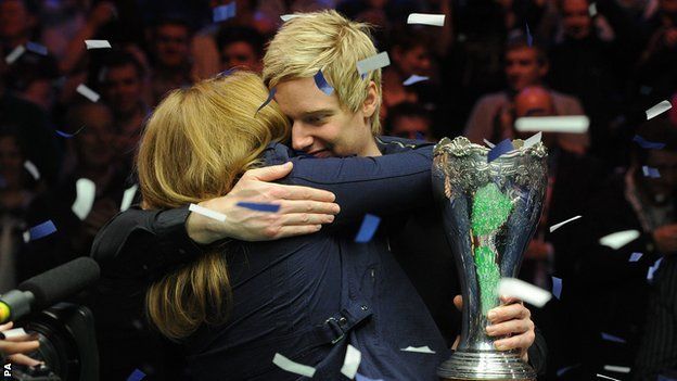 Neil Robertson celebrates his UK Championship win with his mother Alison