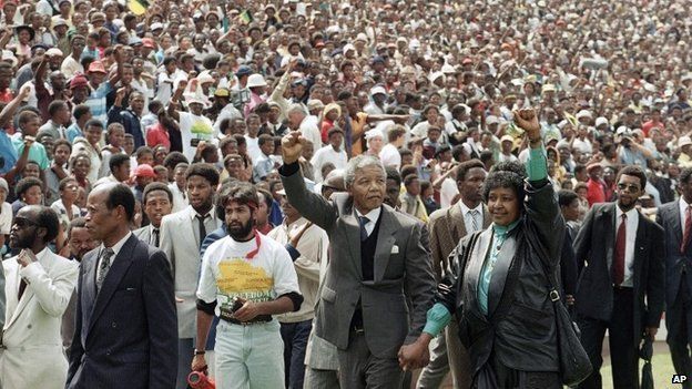 Nelson and Winne Mandela in Soccer City stadium in of Johannesburg, South Africa, shortly after his release from prison