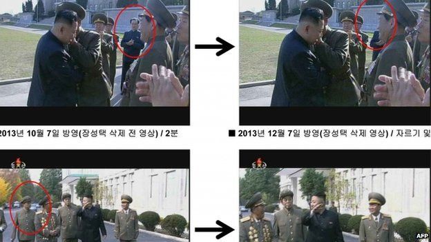This handout released on December 9, 2013 from South Korea"s Ministry of Unification shows before and after photos of still grabs taken from the documentary "The Great Comrade", re-broadcast on North Korean state broadcaster KCTV on December 7, 2013,