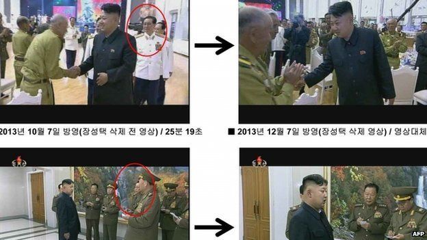 This handout released on December 9, 2013 from South Korea"s Ministry of Unification shows before and after photos of still grabs taken from the documentary "The Great Comrade", re-broadcast on North Korean state broadcaster KCTV on December 7, 2013,