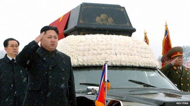 North Korea"s new leader Kim Jong Un (2nd L) salutes as he and his uncle Jang Song Thaek (L) accompany the hearse carrying the coffin of late North Korean leader Kim Jong Il during his funeral procession in Pyongyang in this file photo taken by Kyodo December 28, 2011.