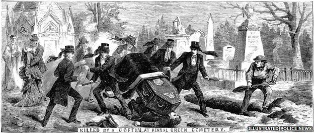 A pall bearer is hit by a coffin. Picture: The British Library Board, Illustrated Police News, November 2, 1872