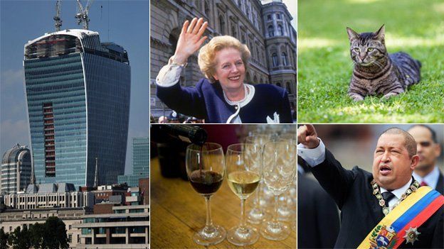 Wine, Thatcher, cat, Chavez & walkie talkie skyscraper