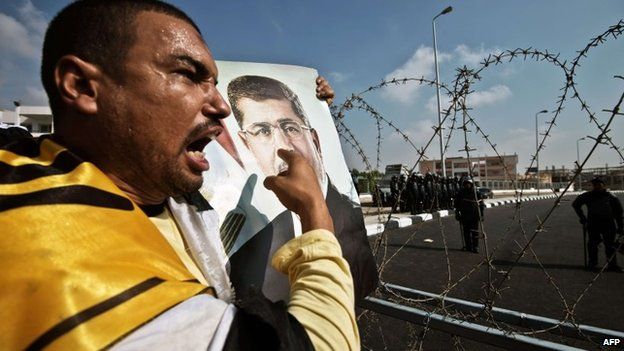 An supporter of ousted President Mohammed Morsi points at a portrait of him during a protest outside his trial in Cairo (4 November 2013)