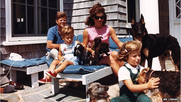 The Kennedy family with dogs, including two of Pushinka's puppies and Charlie
