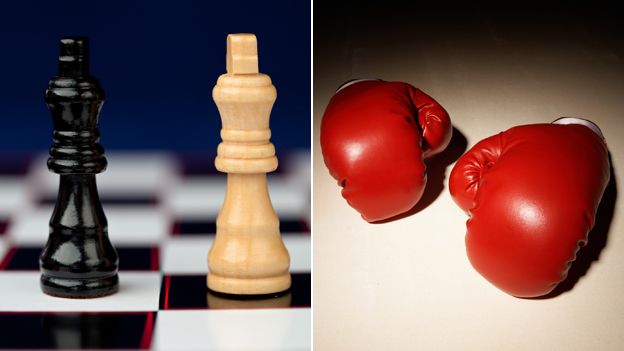 chess pieces; boxing gloves