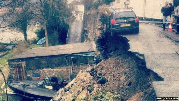Collapsed road in Lower Kelly in Calstock, Cornwall