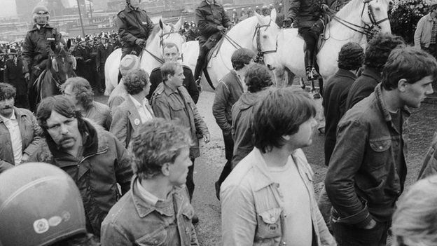 Mounted police and miners at a demonstration at Orgreave Colliery, South Yorkshire, during the miner's strike, June 1984.