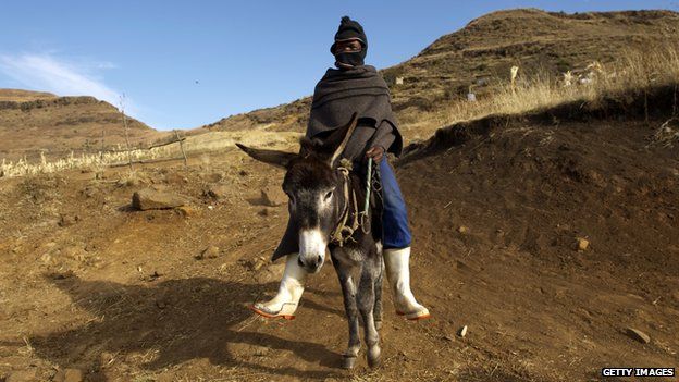 A young Basotho man rides his donkey