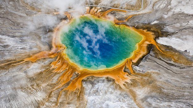 Aerial view of Grand Prismatic thermal spring in Yellowstone National Park