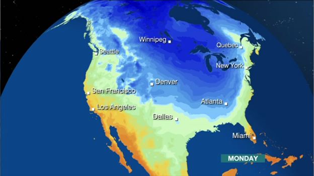Weather map showing how the polar vortex is bringing freezing weather to the US