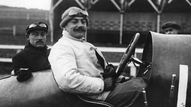 September 1910: Boillot in a Leon Peugeot racing car at Boulogne, for the Coupe des Voiturettes race