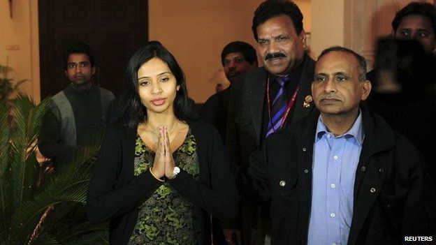 Devyani Khobragade with her father, Uttam, (right) on arrival back in Delhi, 10 Jan