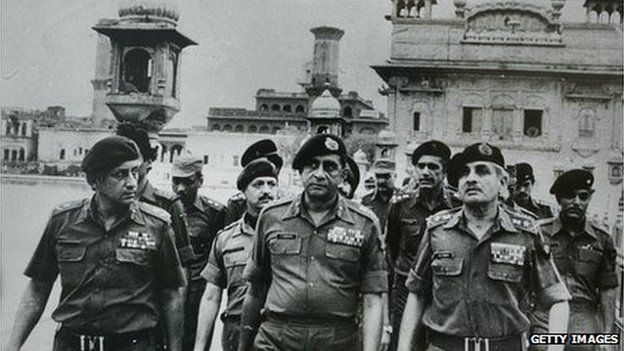 Indian army soldiers in the Golden Temple after the attack in June 1984