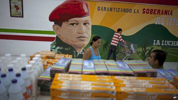 A mural of Hugo Chavez in a supermarket in Caracas