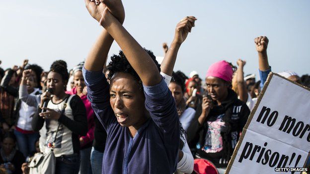 Female African asylum seekers and their children demonstrate on January 15, 2014 in Tel Aviv, Israel.