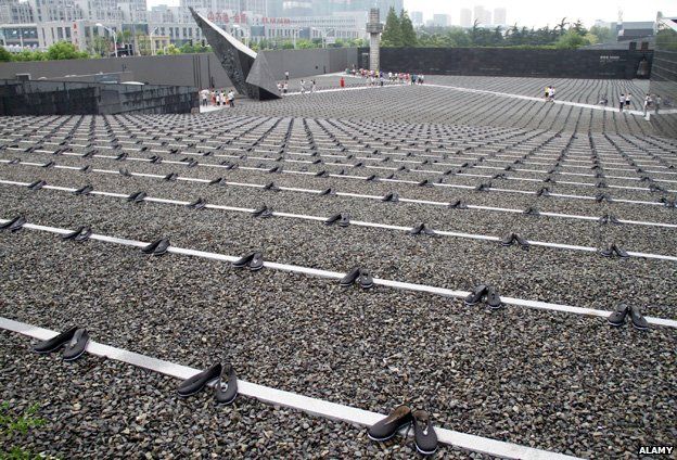 Thousands of pairs of shoes are laid out at the Nanjing Memorial, China