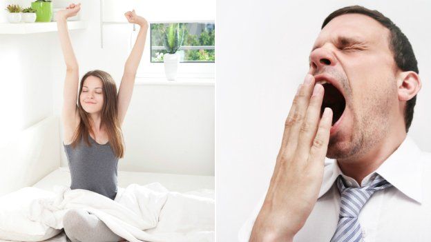 Woman stretching happily on the left, man yawning on the right