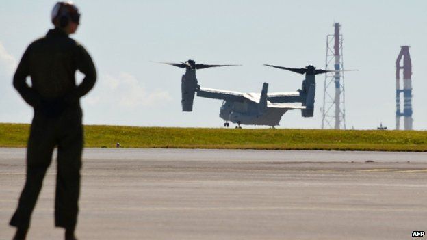 File photo: one of two MV22 Osprey tilt-rotor transport aircrafts arrives at the Futenma Air Station in Okinawa Prefecture on 3 August 2013