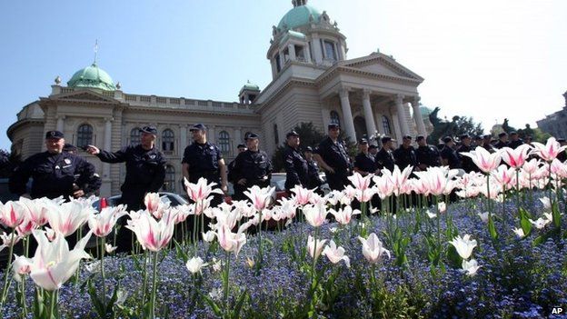 Serbian riot police guard Serbia"s parliament building in Belgrade, Serbia, Friday, April 26, 2013