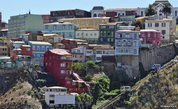 Scene of Valparaiso showing colourful houses and funicular