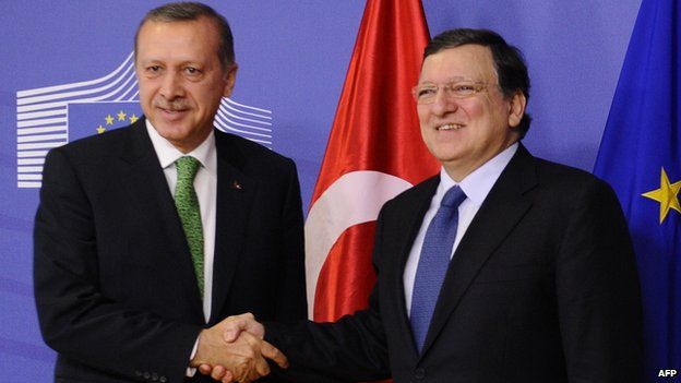 Turkey's PM Recep Tayyip Erdogan (left) with EU Commission President Jose Manuel Barroso in Brussels, 21 Jan 14
