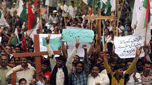 Christians at a protest after violence over accusations of blasphemy - March 2013