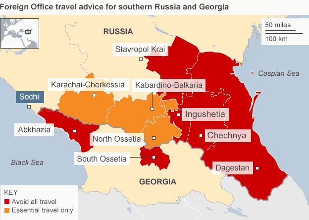 Map showing the Foreign Office travel advice for areas around Sochi