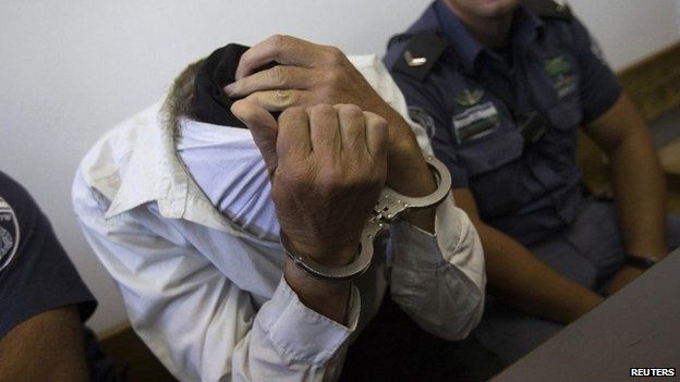 Yitzhak Bergel attempts to conceal his identity during a court appearance in Jerusalem in August 2013