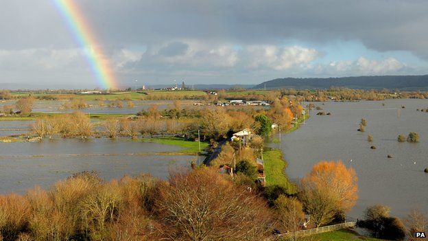 A rainbow over flood water which covers part of the Somerset Levels