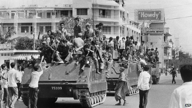 File photo: Young Khmer Rouge guerrilla soldiers atop armoured vehicles enter Phnom Penh, 17 April 1975