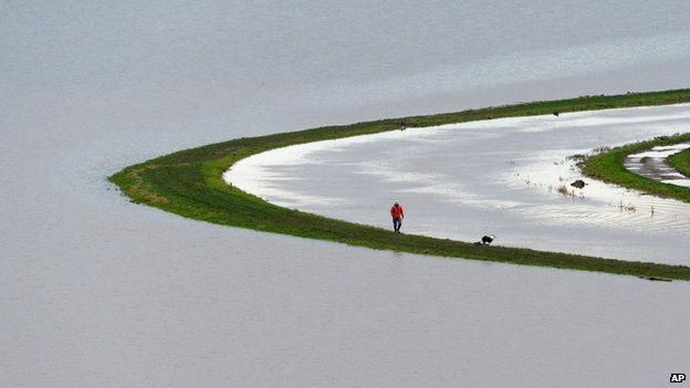 A man walks a dog between a river and a flooded field