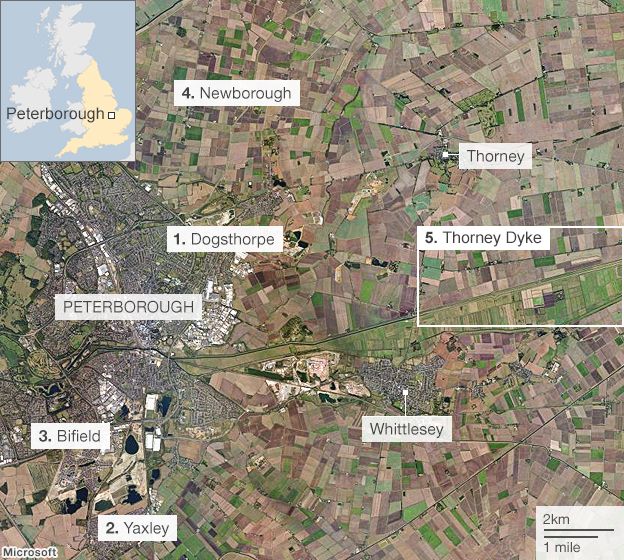 Map of the Peterborough area where Joanne Dennehy committed three murders in March 2013