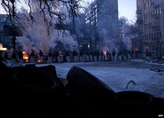 Riot police face protesters in Kiev, 31 January
