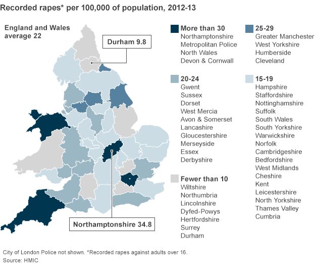 Map showing recorded rapes per 100,000 adults, by police force area