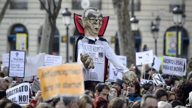 Demonstrators hold a figure of Justice Minister Alberto Ruiz-Gallardon dressed up as a vampire during a protest against a reform of Spain's abortion law in Madrid on 1 February 2014.