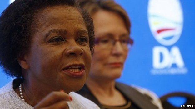 Anti-apartheid activist Mamphela Ramphele speaks at a news conference with opposition Democratic Alliance (DA) party leader Helen Zille (R)
