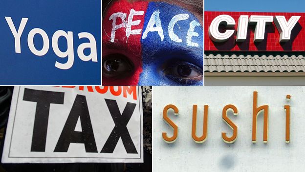 signs for "yoga", "peace", "city", "tax", and "sushi"