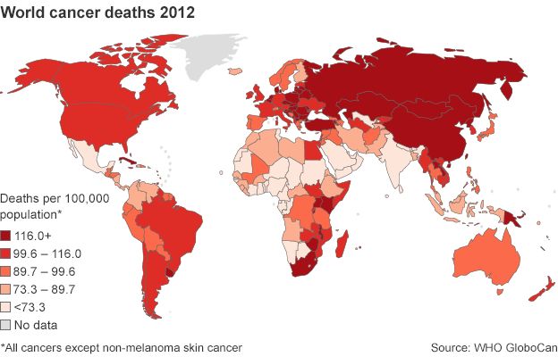 Map showing cancer deaths across the world