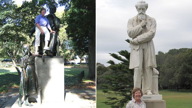 Jane Monk, Dickens' great great granddaughter, at his statues in Philadelphia (left) and Sydney