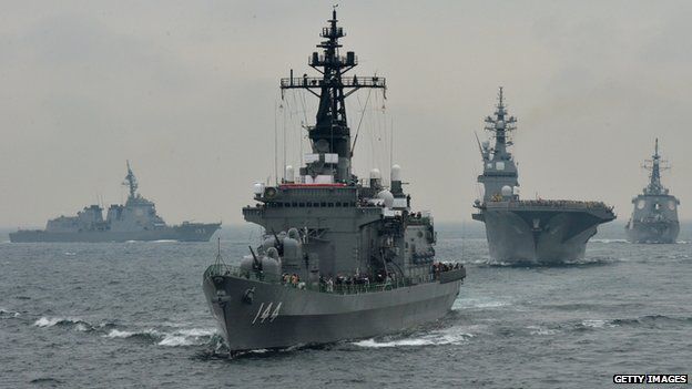 Japanese Maritime Self-Defence Force escort ships taking part in a fleet review off Sagami Bay, near Tokyo in October 2012