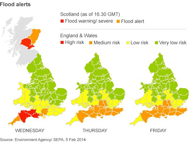 Graphic showing flood alerts in England, Wales and Scotland