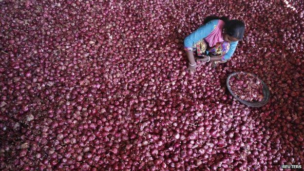 A labourer spreads onions for sorting at a wholesale vegetable market in the northern Indian city of Chandigarh