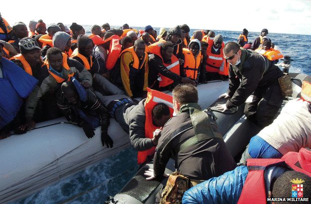 Italian sailors rescue clandestine migrants south-east of Lampedusa, 5 February